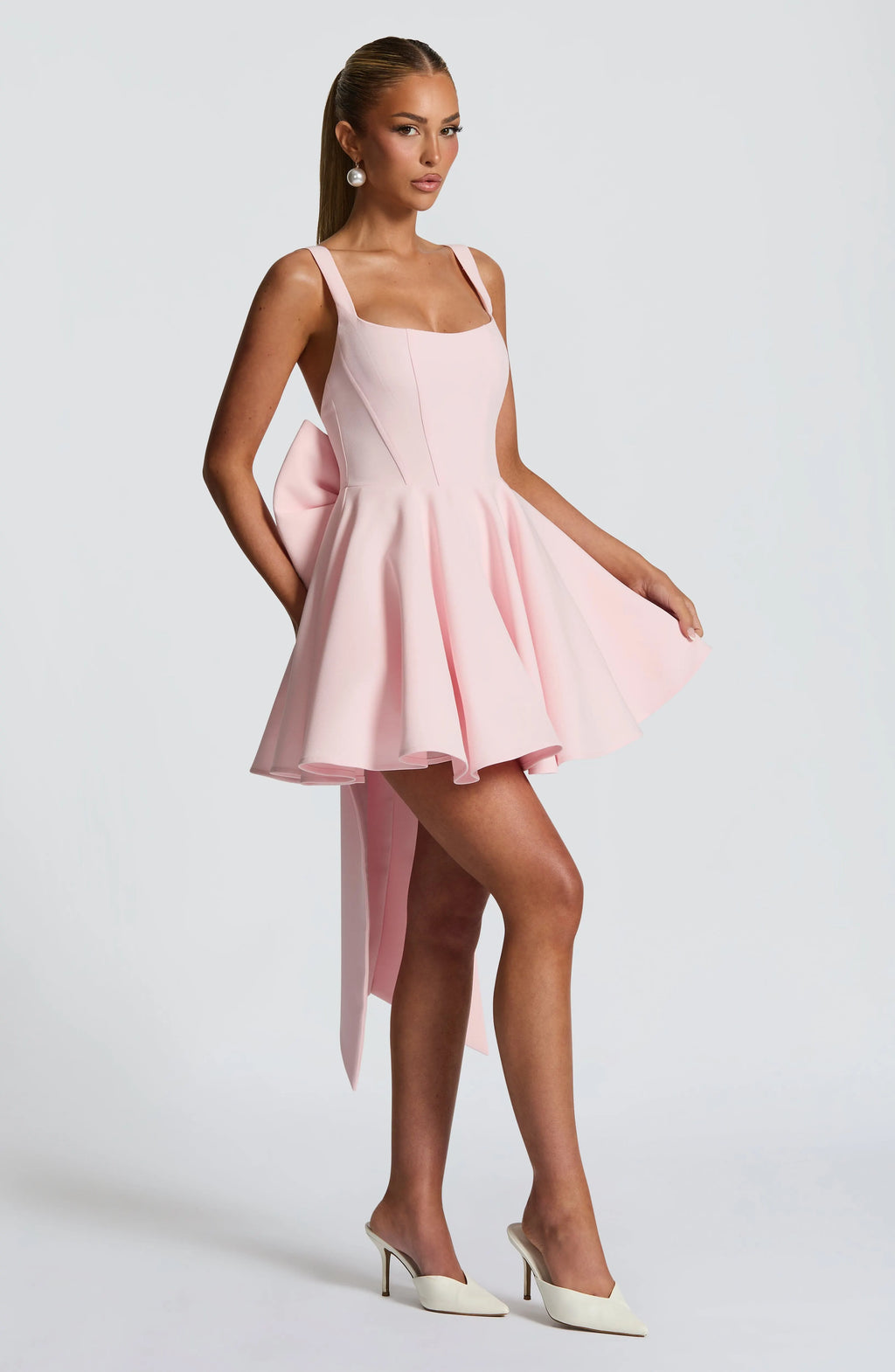 Kristin Back Bow Embellished Mini Dress In Blush Flowering Girl