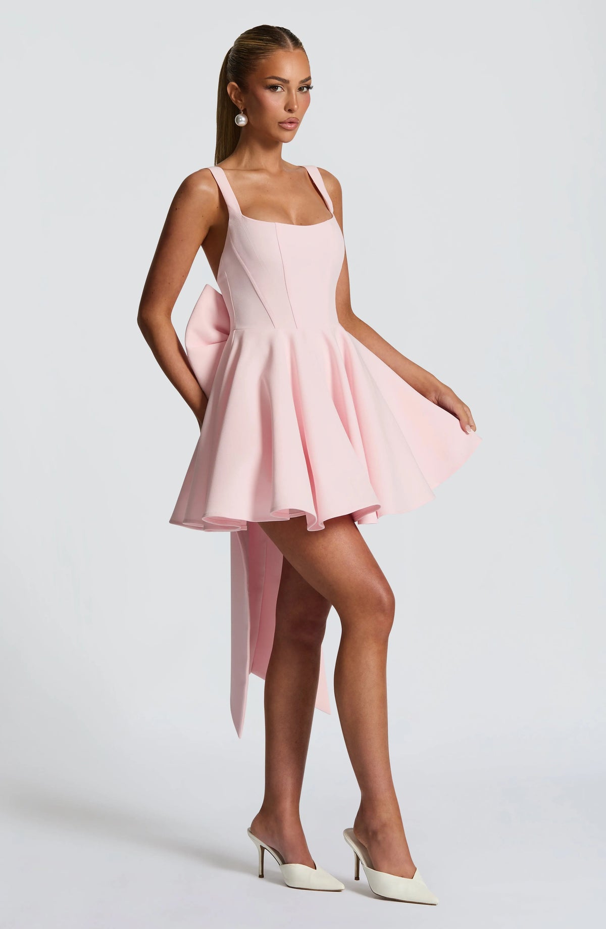 Kristin Back Bow Embellished Mini Dress In Blush Flowering Girl