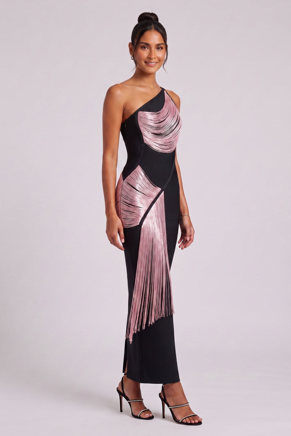 Black One-Shoulder Fringe Column Dress Flowering Girl
