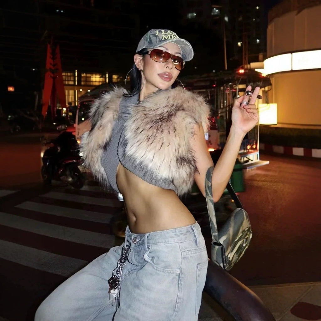 Sleeveless Shoulder Fur Patchwork Cropped Jacket Flowering Girl