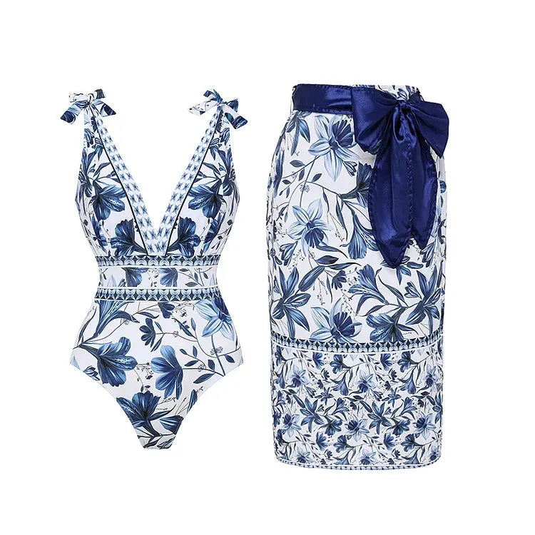 V Neck Lace Up Printed One Piece Swimsuit and Skirt Flowering Girl