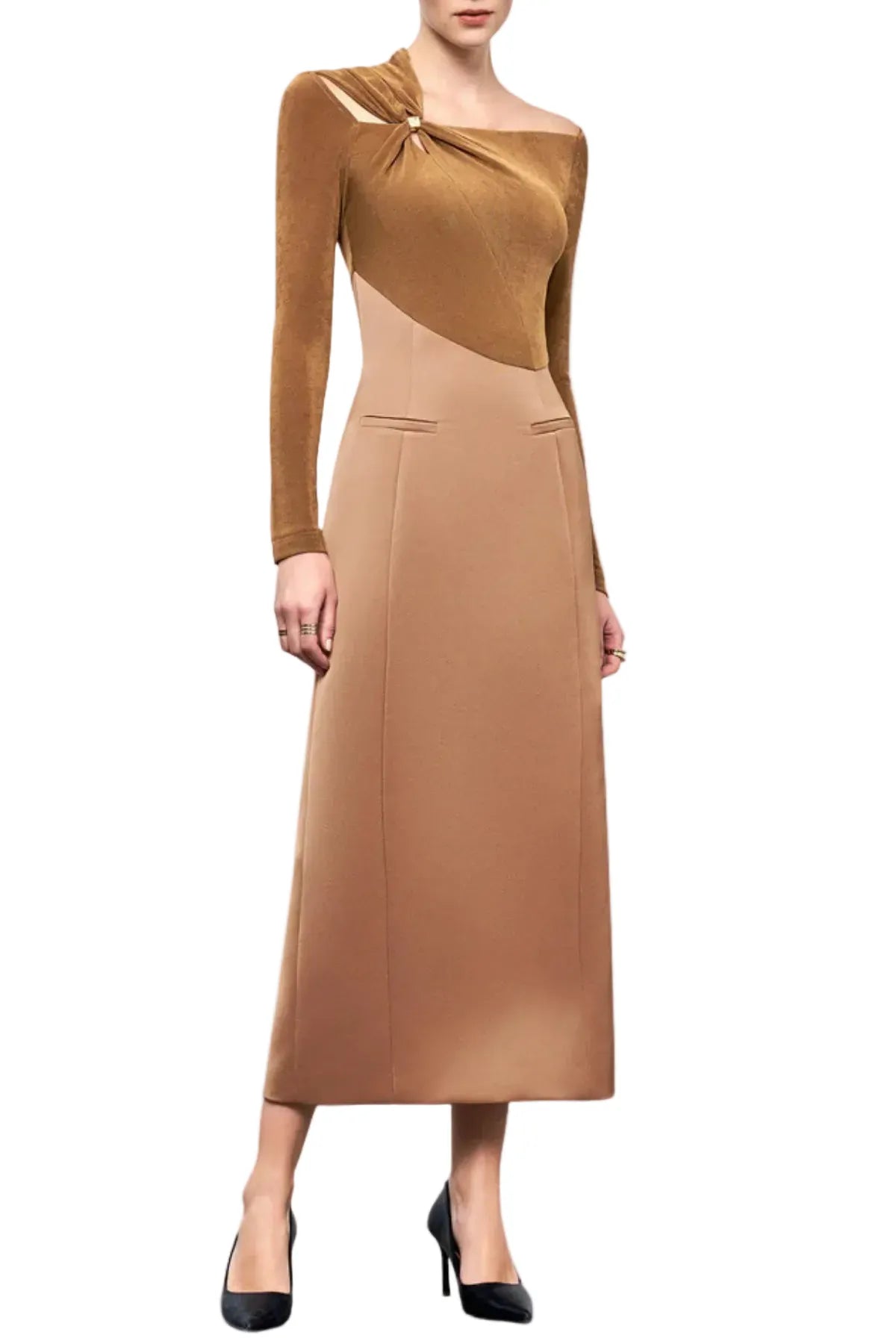 Samaro Asymmetric Cutout Panel Midi Dress - Brown Flowering Girl