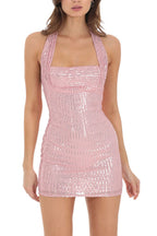 Virginia Sequin Halter Backless Mini Dress In Pink Flowering Girl