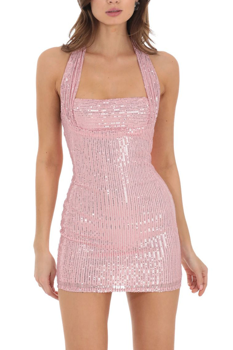 Virginia Sequin Halter Backless Mini Dress In Pink Flowering Girl