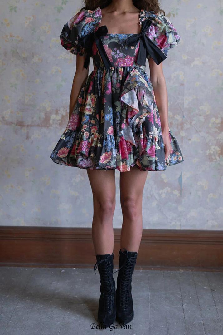 basia floral print ruffle trim hem puff mini dress Flowering Girl