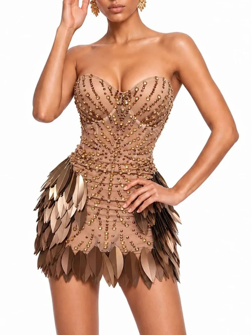 Dolvess Strapless Rhinestone Leaf Mini Dress Flowering Girl
