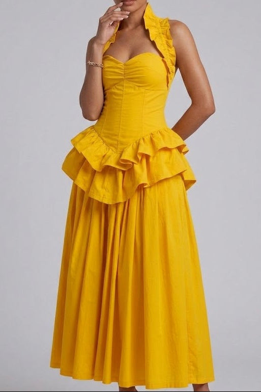 Yellow Ruffled Peplum Midi Dress Flowering Girl
