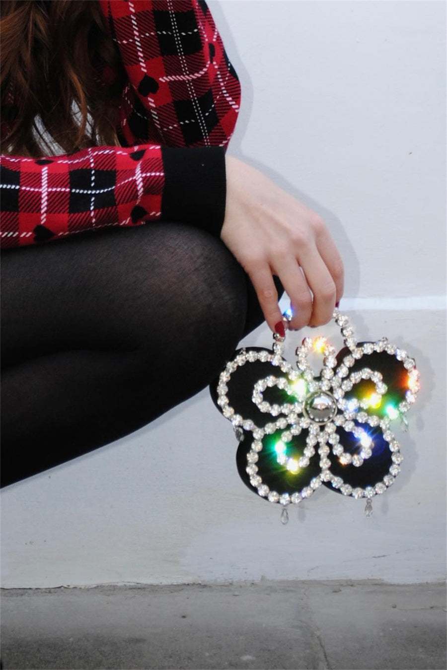 Elysa Flower Diamante Satin Clutch - Black Flowering Girl