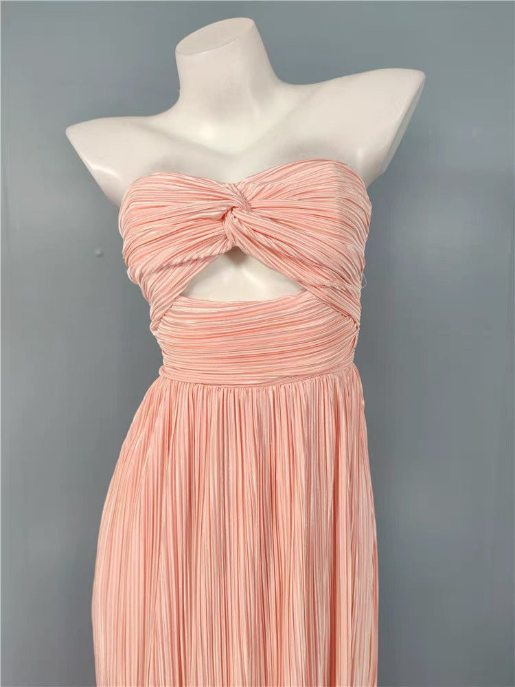 Strapless Pleated Maxi Dress Pink Flowering Girl