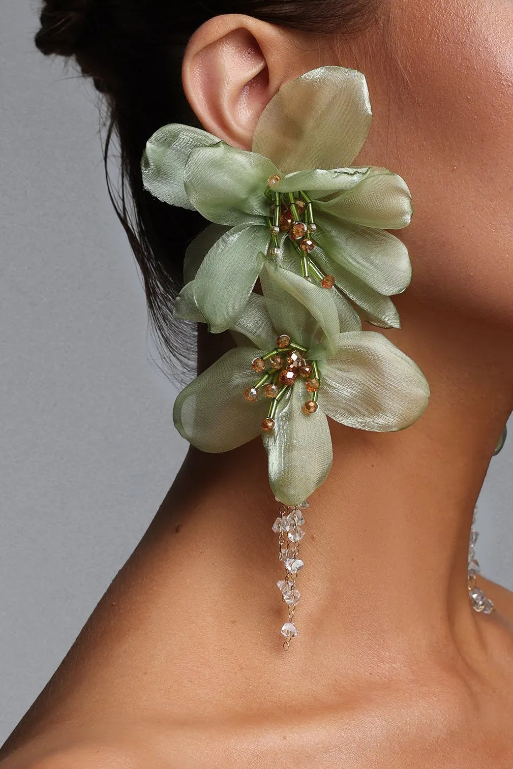 Light Green Organza Floral Crystal Tassel Drop Earrings Flowering Girl
