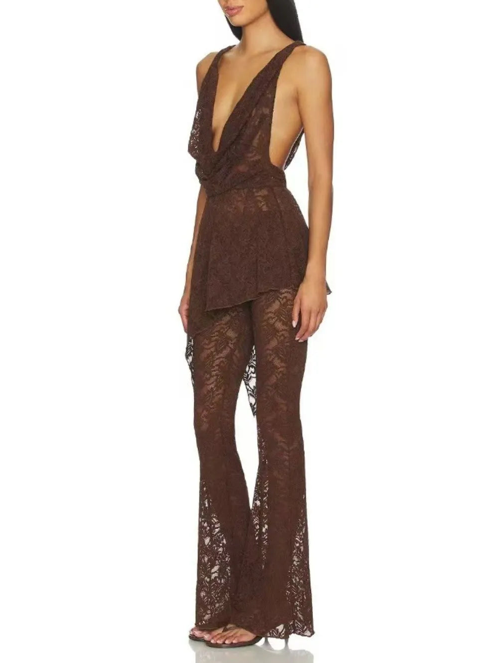 Senora Cowl Neck Lace Flared Pants Set In Coffee Flowering Girl