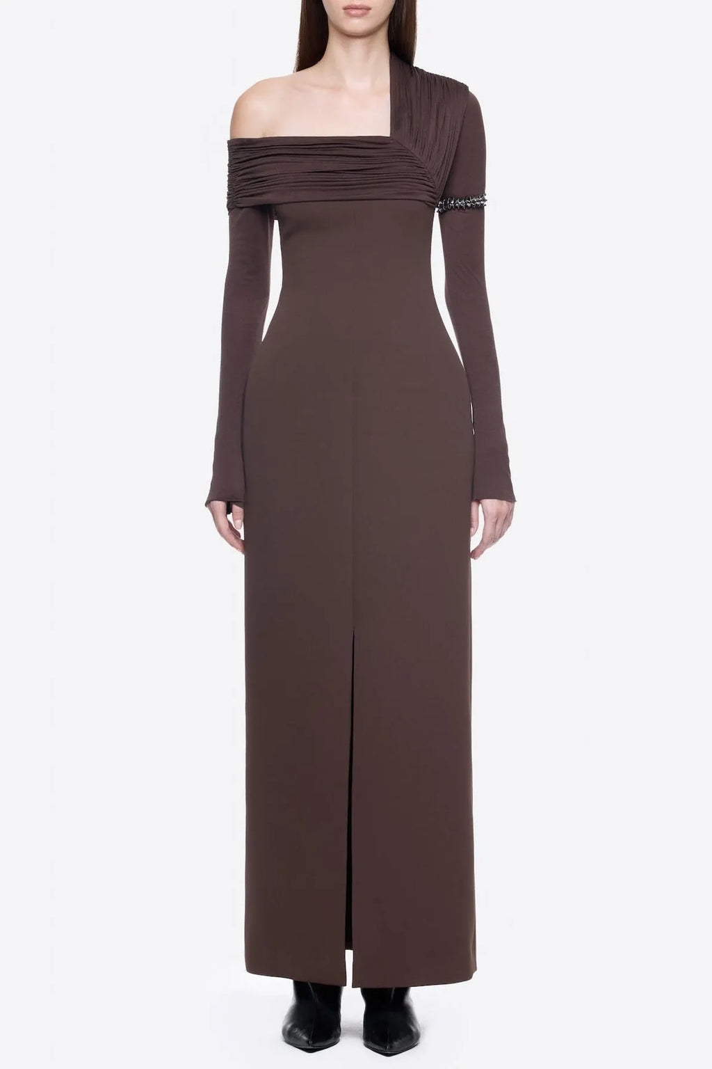 Sibyl Asymmetric Off-Shoulder Draping Slit Maxi Dress In Brown Flowering Girl