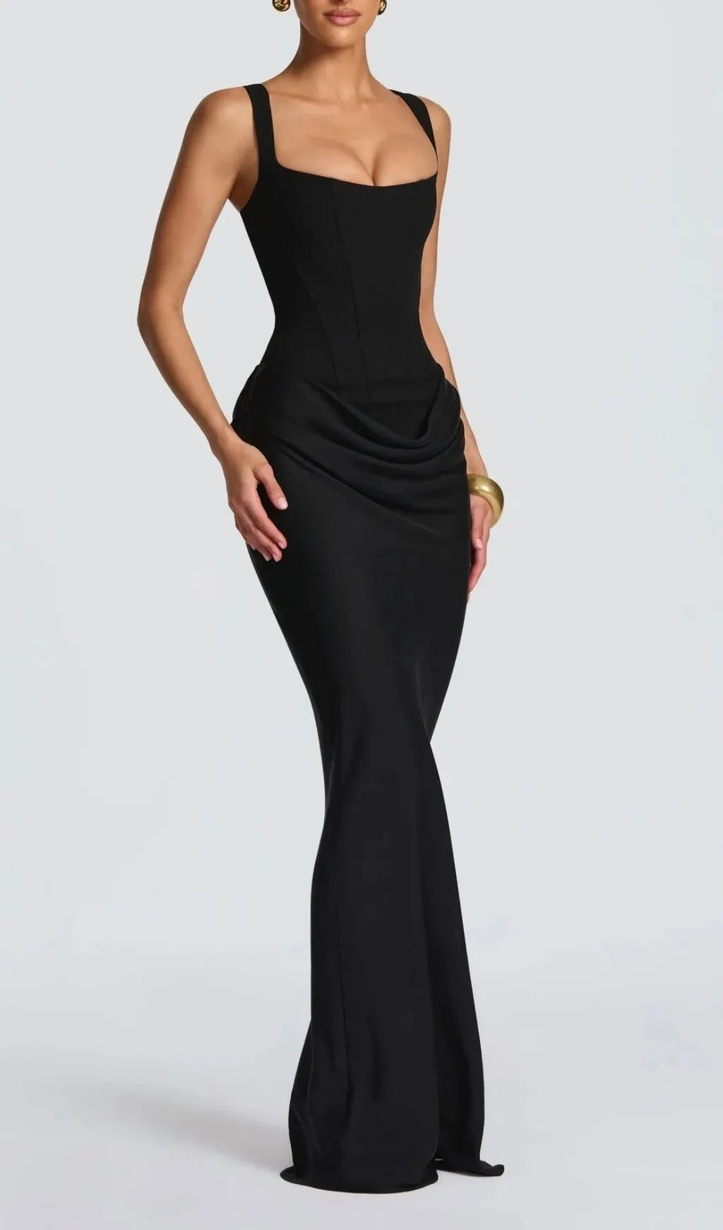 Keelia Black Strappy Corset Ruched Maxi Dress Flowering Girl
