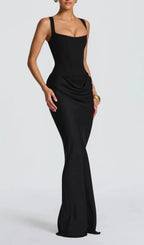 Keelia Black Strappy Corset Ruched Maxi Dress Flowering Girl