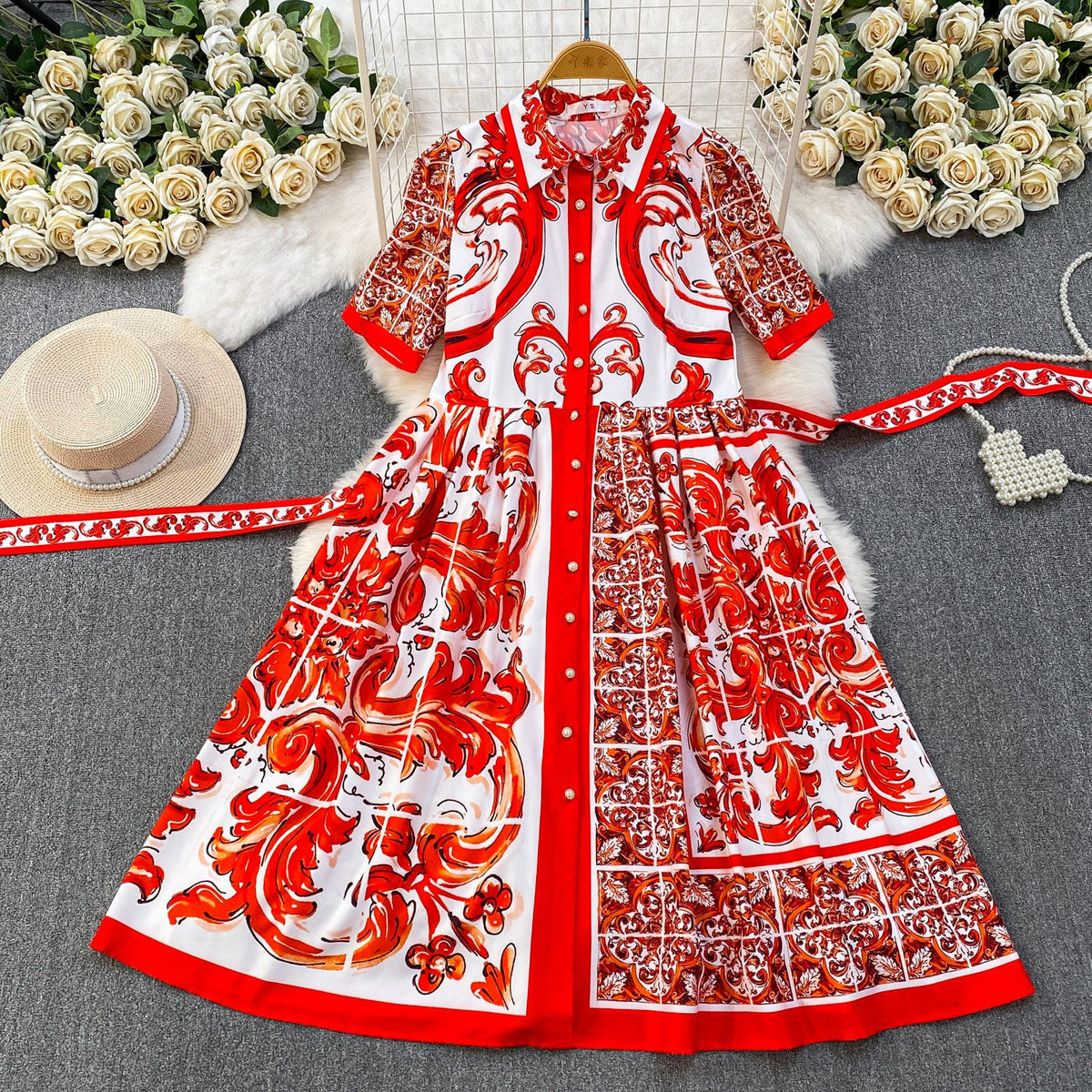 Printed Structured Cotton Or Silk Blend A-Line, Fit-And-Flare Shirt Dress Flowering Girl