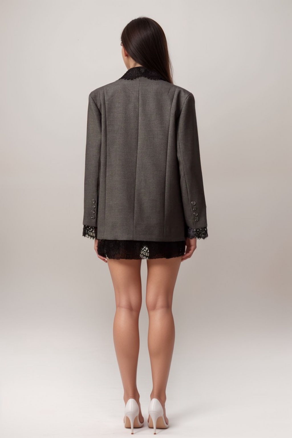 Dianthe Grey Lace-Panel Blazer Flowering Girl