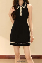 pearl embellished gold chain splice mini dress in black Flowering Girl