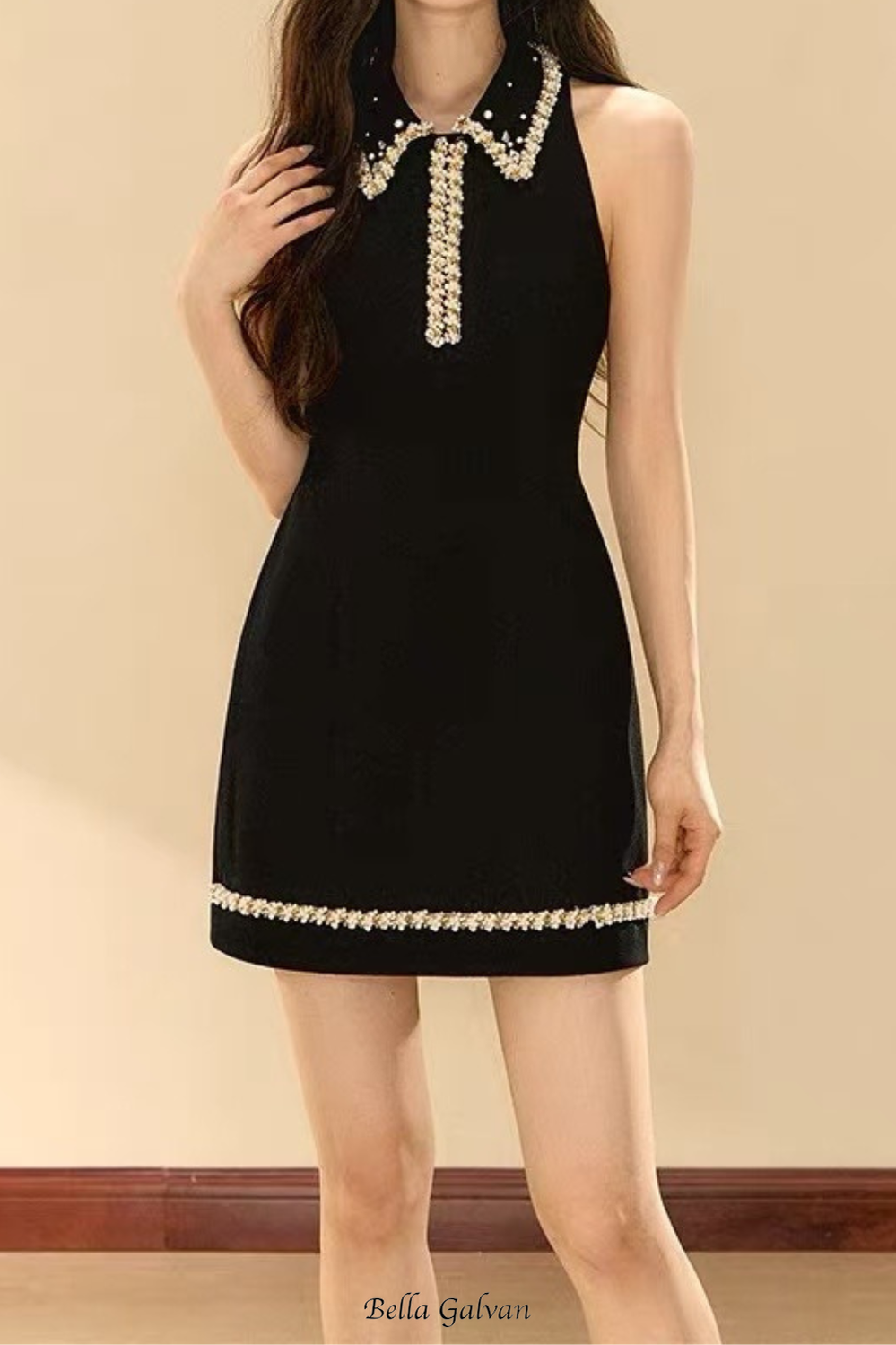 pearl embellished gold chain splice mini dress in black Flowering Girl