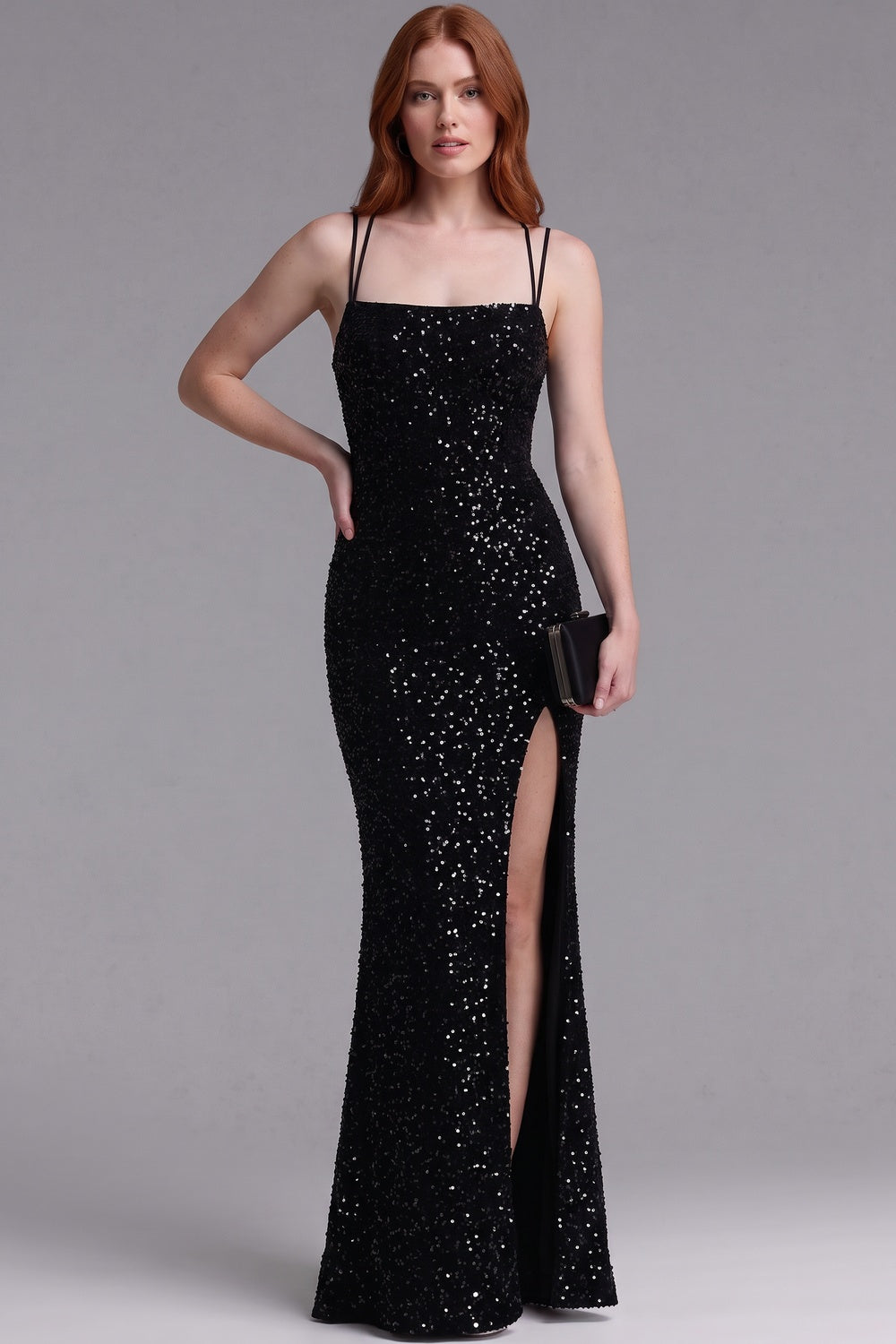 Black Sequined Fitted Column Evening Gown Flowering Girl