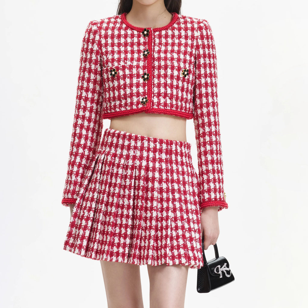RED CHECK BOUCLE PLEATED MINI SKIRT Flowering Girl