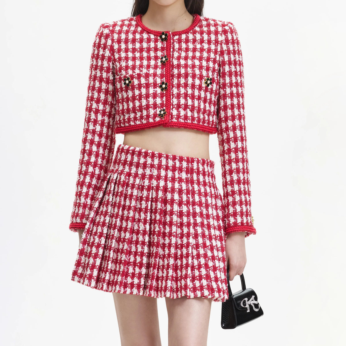 RED CHECK BOUCLE PLEATED MINI SKIRT Flowering Girl