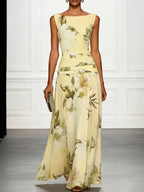 Floral Print Ruched Sleeveless A-Line Maxi Dress Flowering Girl