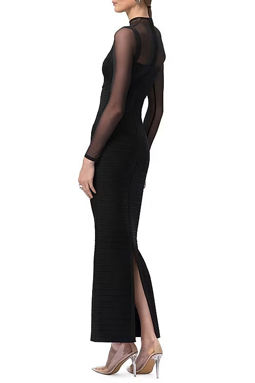 Tina Black Long-Sleeve Mesh See-Through Bandage Maxi Dress Flowering Girl