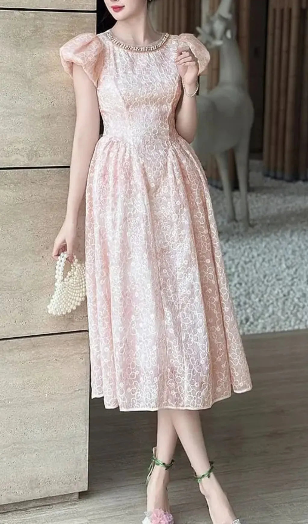 Pearl Neck Puff Sleeve Flared Lace Midi Dress - Pink Flowering Girl
