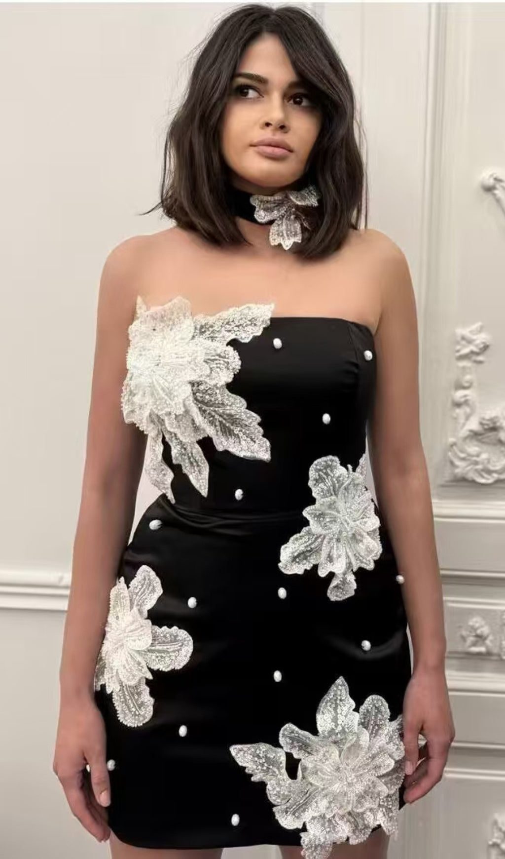 Bickford Black Strapless Flower Bandage Mini Dress Flowering Girl
