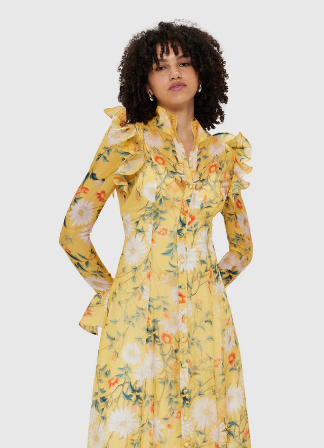 Daisy Print Butterfly Sleeve Midi Dress In Yellow Flowering Girl