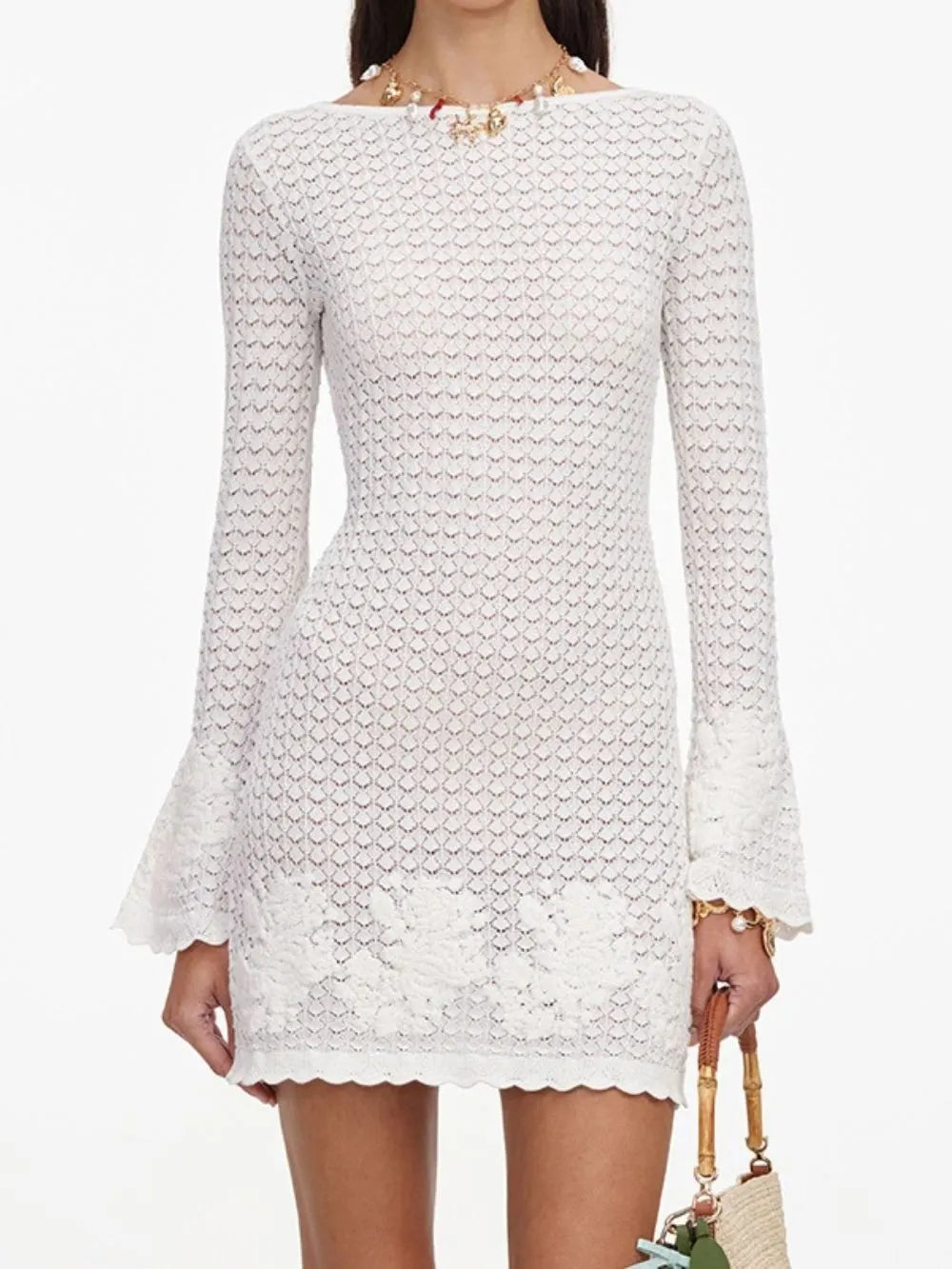 White Textured Knit Bodycon Dress Flowering Girl