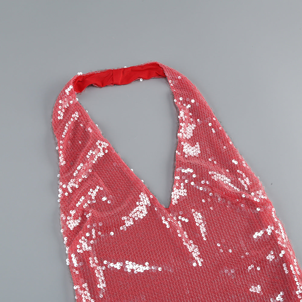 Brona Rose Red Halter Sequin Maxi Dress Flowering Girl