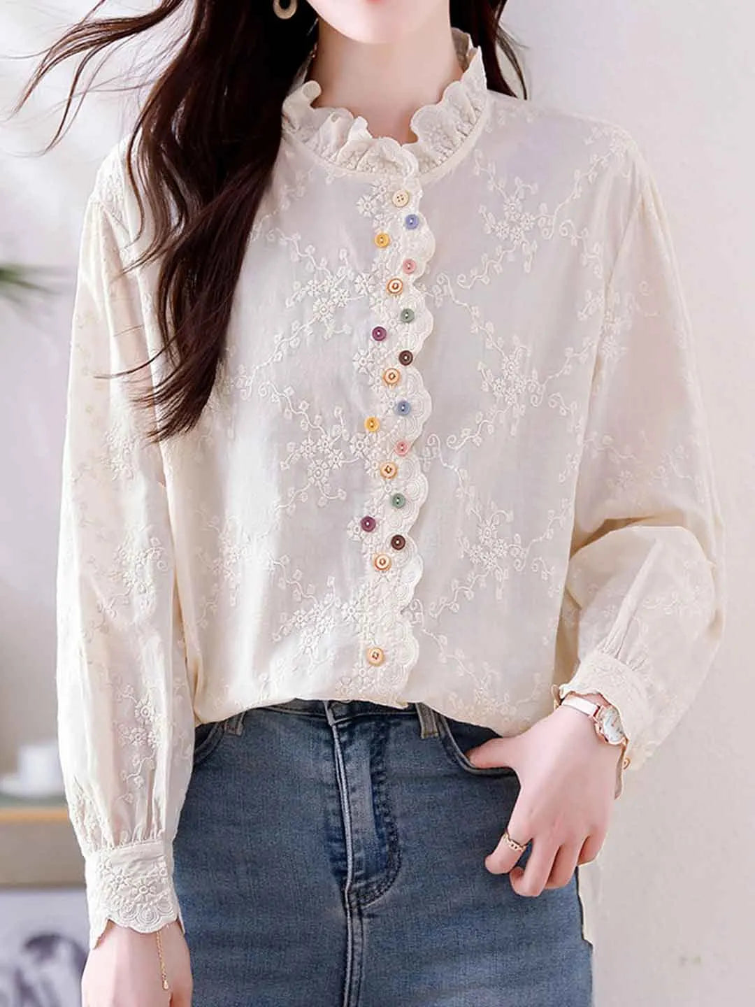 Xaviera Classic Ruffle Collar Hollowed Embroidered Top Flowering Girl