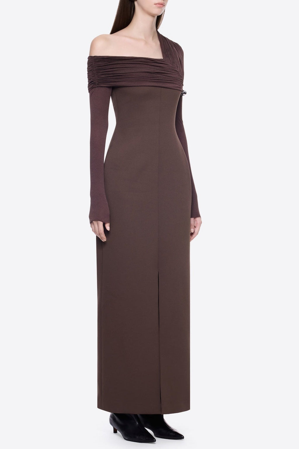 Sibyl Asymmetric Off-Shoulder Draping Slit Maxi Dress In Brown Flowering Girl