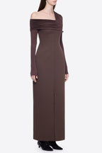 Sibyl Asymmetric Off-Shoulder Draping Slit Maxi Dress In Brown Flowering Girl