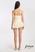 Balloon Draped Strapless Mini Dress In White Flowering Girl