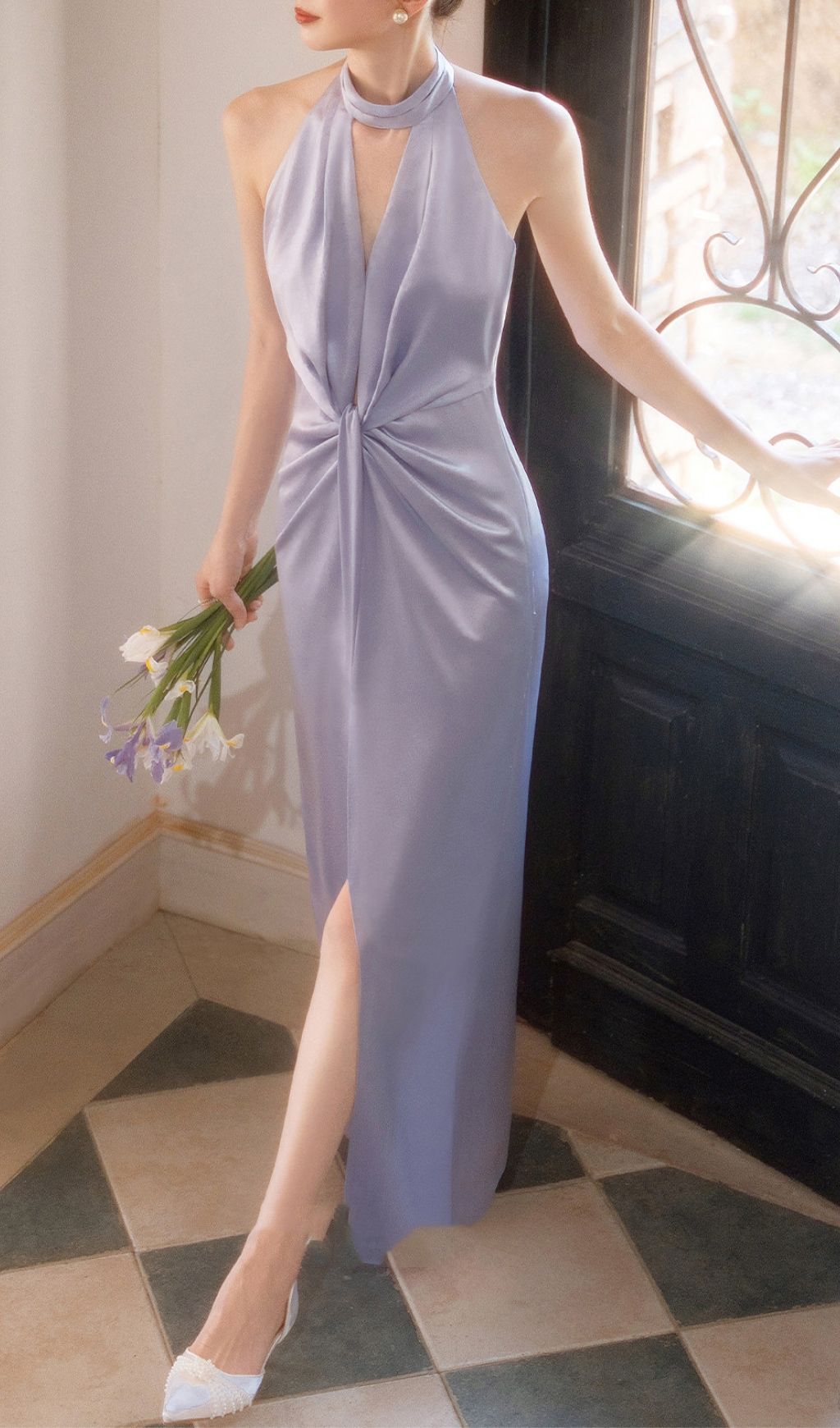 Karima Purple Halter Ruched Maxi Dress Flowering Girl
