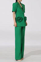 Green Flower Embellished Blazer With Wide-Leg Trousers Set Flowering Girl