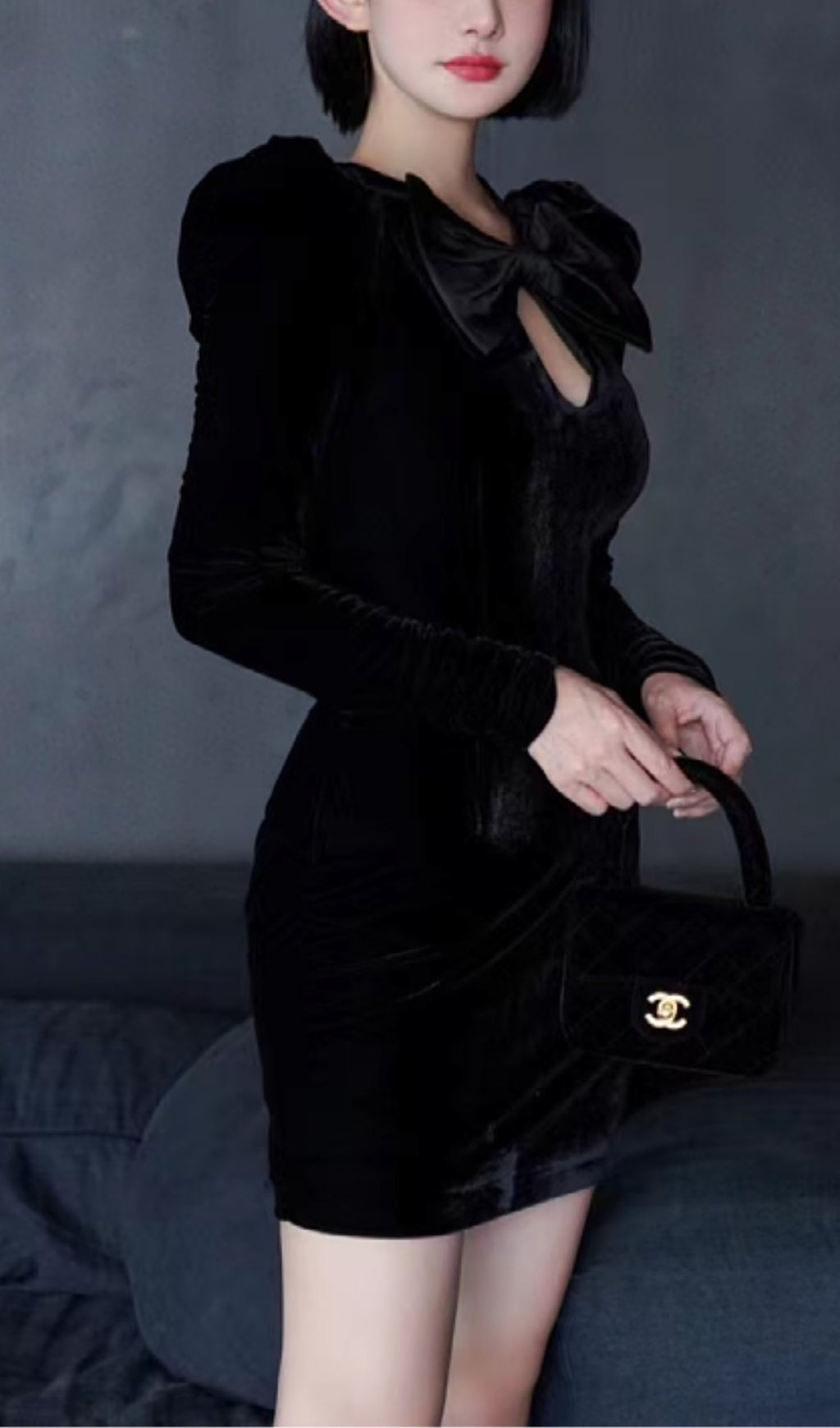 Black Velvet Hollow Bow Long-Sleeve Mini Dress