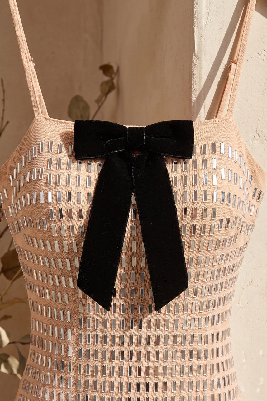 Nude Mesh Column Dress with Silver Grid & Black Bow Flowering Girl