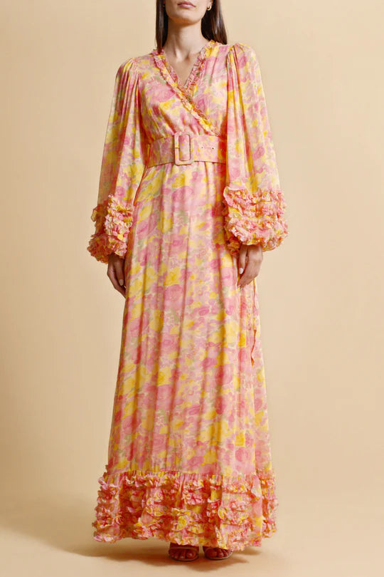 chiffon ruffled wrap maxi dress in orange Flowering Girl