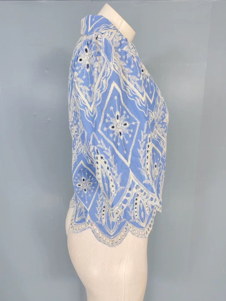 Blue & White Embroidered Puff Sleeve Lace Blouse Flowering Girl
