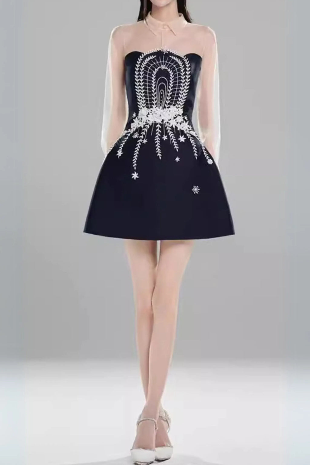 Embroidered Flower Lapel Tulle Mini Dress In Dark Blue Flowering Girl