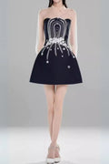 Embroidered Flower Lapel Tulle Mini Dress In Dark Blue Flowering Girl