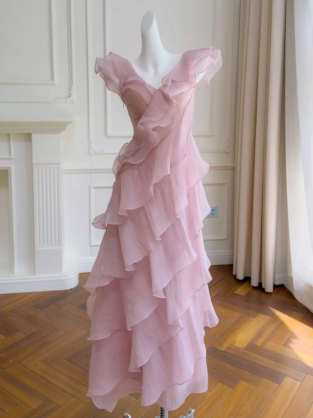 Off Shoulder Ruffled Layer Chiffon Maxi Evening Dress Flowering Girl