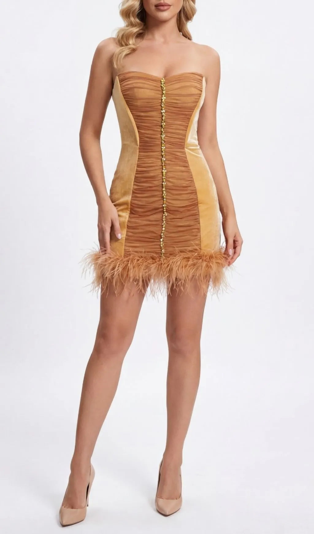 Kazuhito Strapless Diamante Ruched Feather Mini Dress Flowering Girl