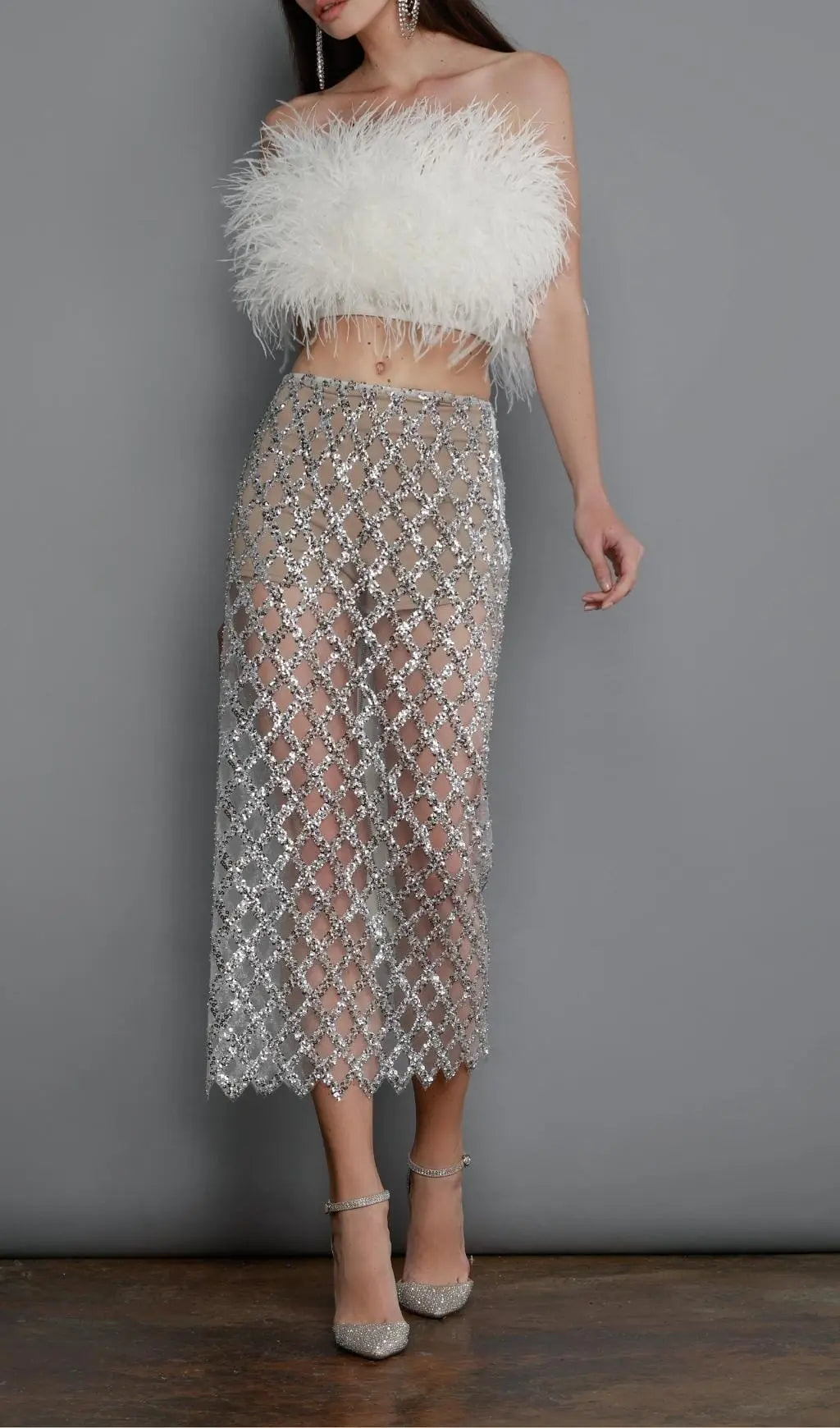 Feather Sequin Two Piece Set In White Flowering Girl