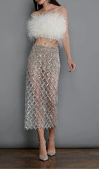 Feather Sequin Two Piece Set In White Flowering Girl