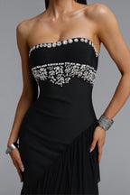 Black Strapless Rhinestone Embellished Asymmetric Ruffle Tulle Midi Dress Flowering Girl