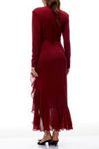 Joyce Red Ruffled Gathered High Slit Knit Midi Dress Flowering Girl